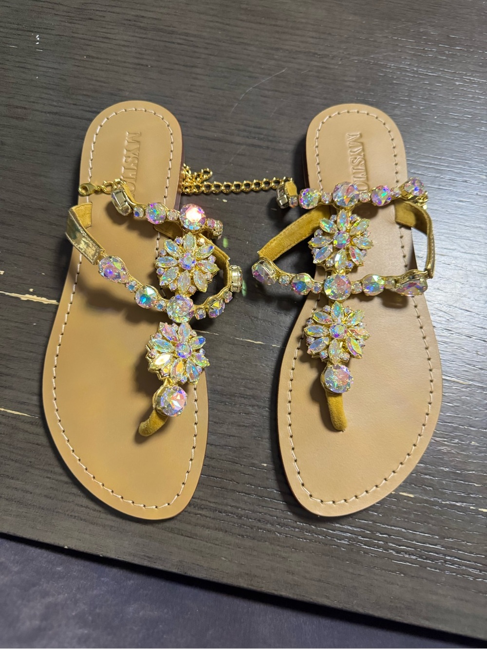 Mystique Crystal Floral Gold-Tone Toe-Post Sandals - fits 8.5 to 9 Women